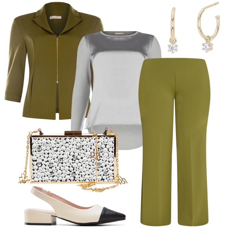 Outfit donna - Cerimonia primaverile. Stile Bon Ton per Cerimonia. Abbinamento con décolleté, orecchini, bluse, pochette, blazer, pantaloni a palazzo.