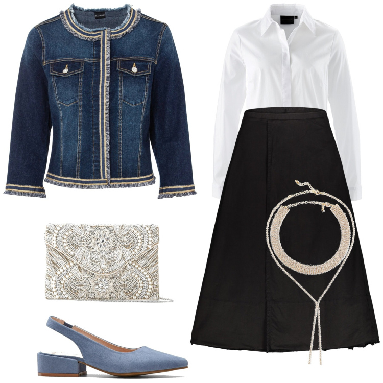 Outfit donna - Cerimonia informale. Stile Bon Ton per Cerimonia. Abbinamento con blazer, camicie, pochette, décolleté, collane, gonne lunghe.