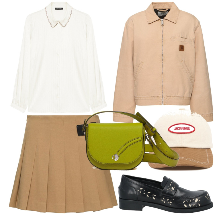 Outfit donna - Preppy. Stile Preppy per Scuola/Università. Abbinamento con mocassini, camicie, borse a tracolla, minigonne, blazer, cappelli.