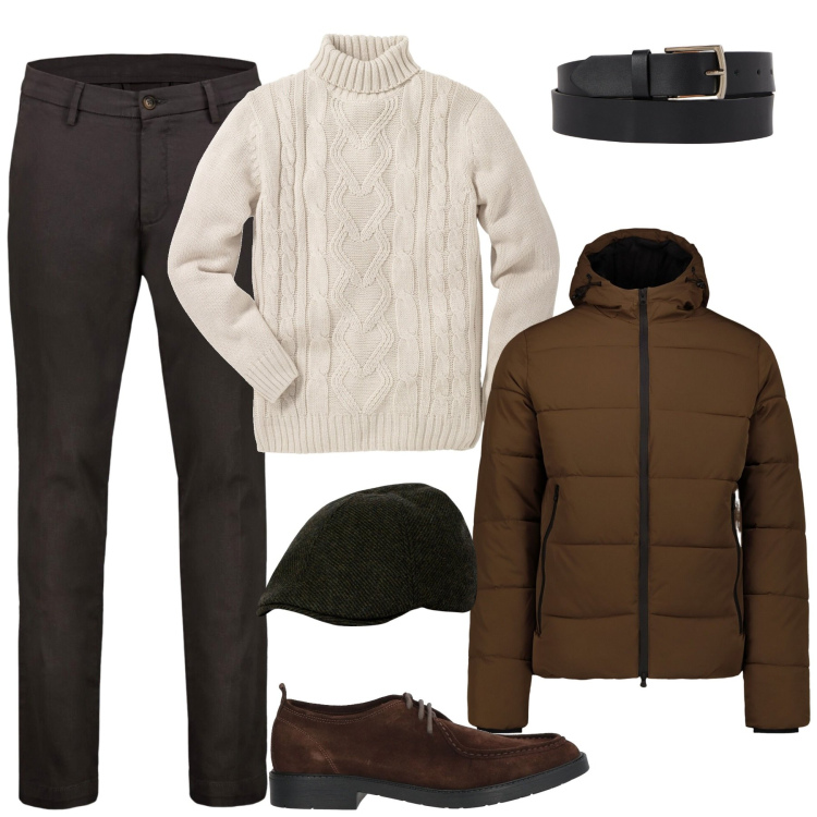 Outfit uomo - Gennaio. Stile Urban per Tutti i giorni. Abbinamento con maglieria, scarpe stringate, pantaloni chino, cinture, cappelli con visiera, piumini.