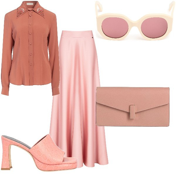 Outfit donna - Total look #2049685. per Cerimonia. Abbinamento con sandali in pelle, camicie, borse a mano, gonne, occhiali da sole.