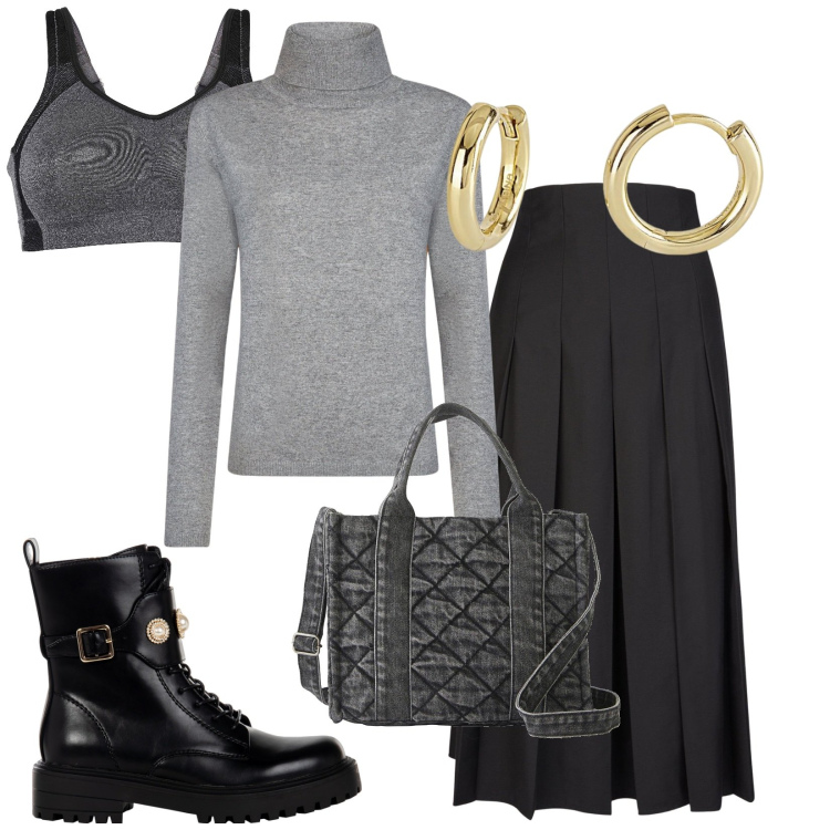 Outfit donna - Total look #2049687. Stile Casual chic per Ufficio. Abbinamento con reggiseni, borse a mano, orecchini, anfibi, gonne longuette, maglieria.