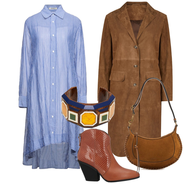 Outfit donna - Maxi camicia vestito. Stile Boho per Tutti i giorni. Abbinamento con stivaletti texani, braccialetti, vestiti midi/longuette, cappotti, borse a spalla.