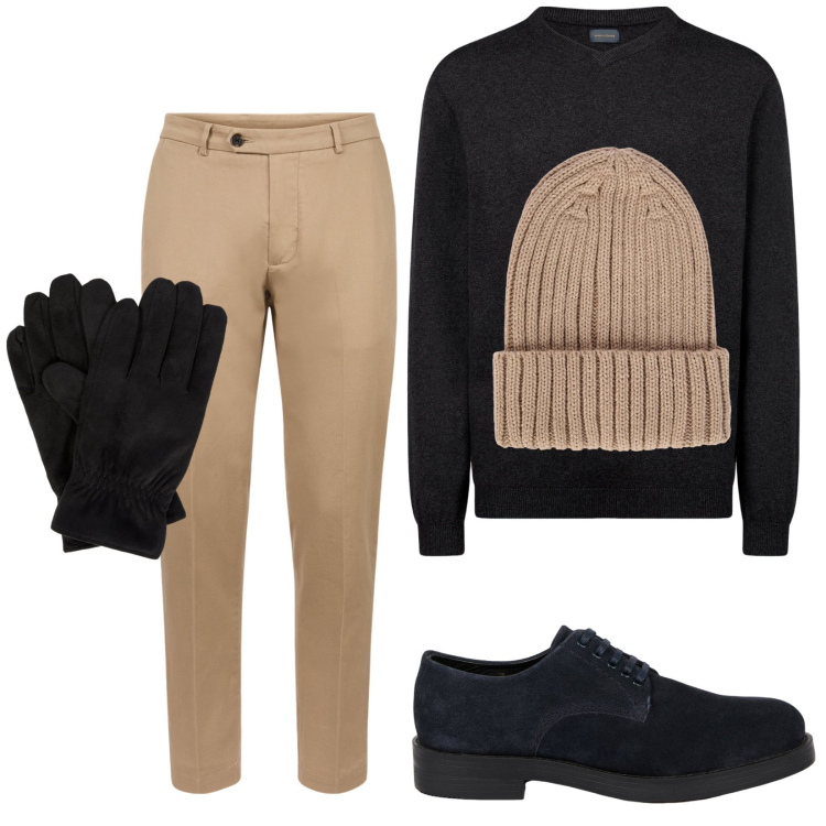 Outfit uomo - Total look #2049697. Stile Trendy per Tutti i giorni. Abbinamento con berretti, pantaloni, maglieria, guanti, scarpe stringate.