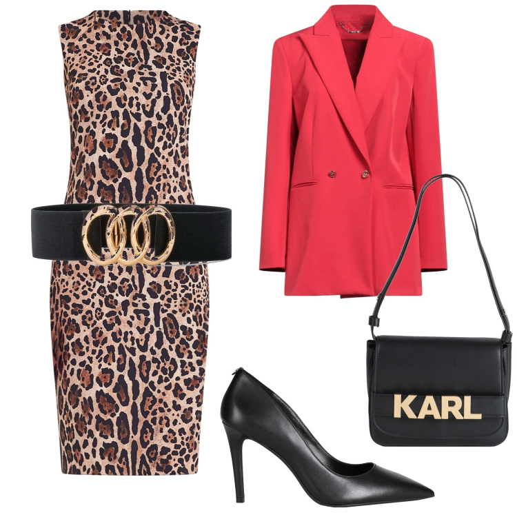 Outfit donna - Tubino animalier. Stile Trendy per Ufficio. Abbinamento con cinture, blazer, décolleté, borse a mano, vestiti a tubino.