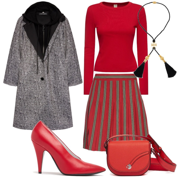 Outfit donna - Rosso passione. Stile Chic per Serata fuori. Abbinamento con minigonne, collane, cappotti, borse a tracolla, t-shirt, décolleté.