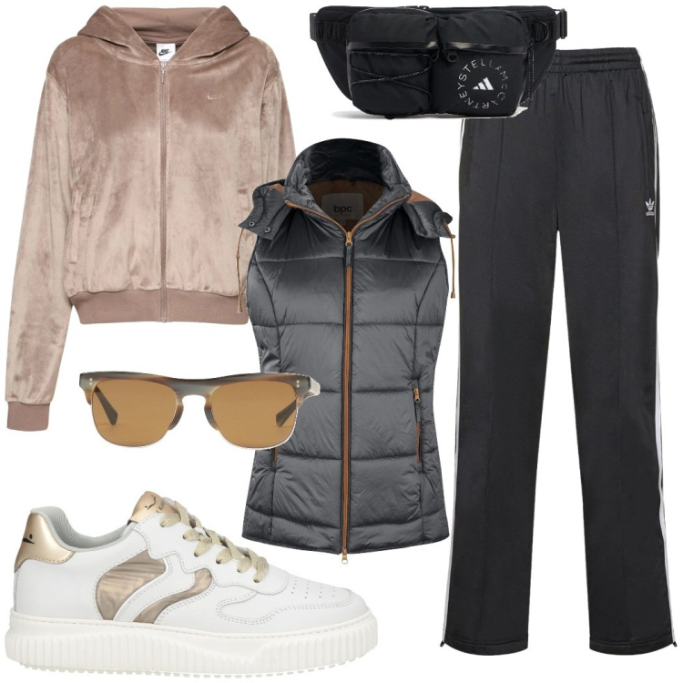 Outfit donna - Sportiva in città. Stile Sporty chic per Tutti i giorni. Abbinamento con gilet, sneakers, occhiali da sole, pantaloni, marsupi, felpe con cappuccio.
