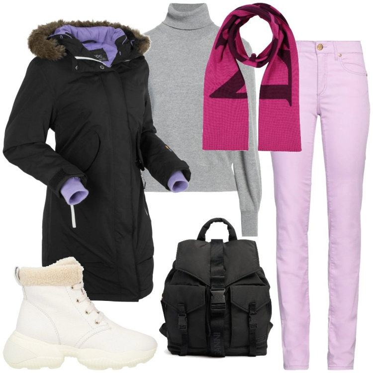 Outfit donna - Pranzo in baita. Stile Casual chic per Tutti i giorni. Abbinamento con blazer, stivaletti, maglieria, sciarpe, pantaloni, zaini.