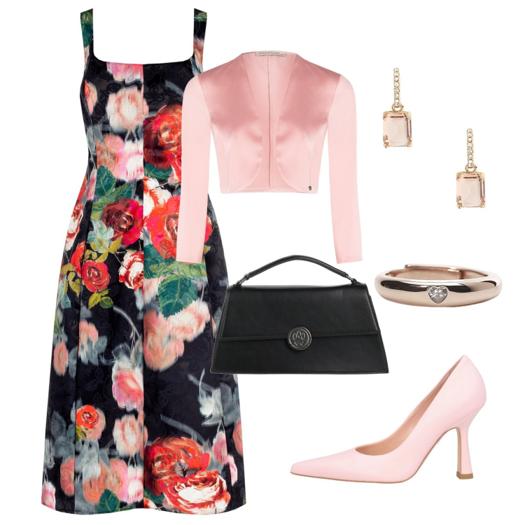 Outfit donna - Allure retrò!!!. Stile Vintage retrò per Serata fuori. Abbinamento con borse a mano, décolleté, anelli, bolero, vestiti, orecchini.