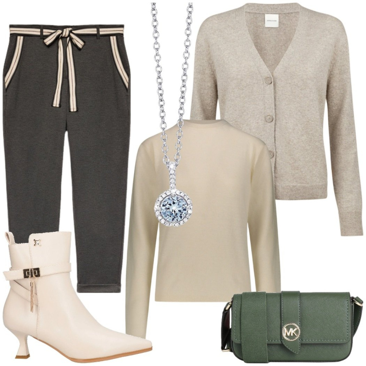 Outfit donna - Riunione di lavoro. Stile Urban per Ufficio. Abbinamento con borse a tracolla, stivaletti, collane, pantaloni chino, cardigans, pullovers.