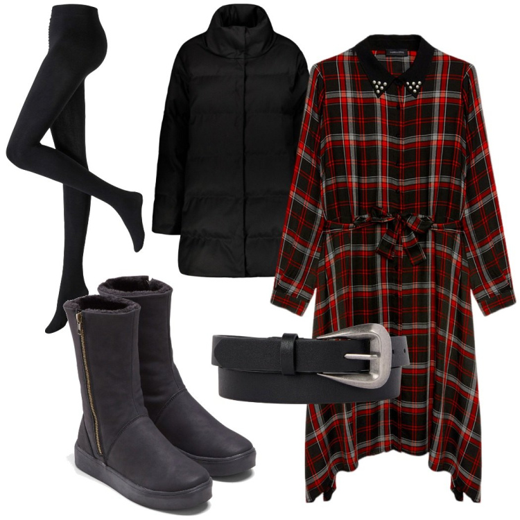 Outfit donna - L\'abito camicia scozzese. Stile Casual per Tutti i giorni. Abbinamento con collant, stivali, cappotti, cinture, vestiti asimmetrici.