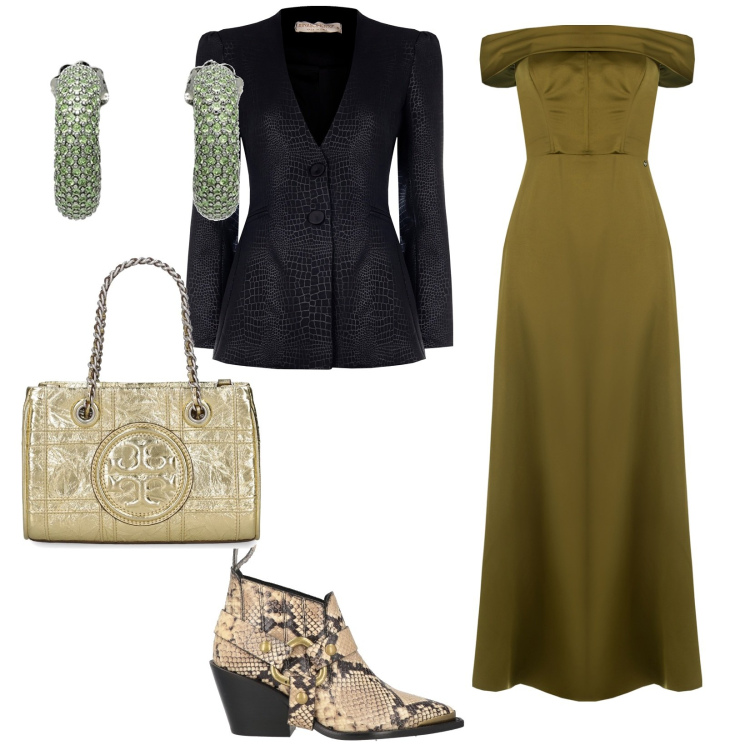 Outfit donna - Un po\' principessa ribelle. per Serata fuori. Abbinamento con stivaletti texani, orecchini, vestiti lunghi, blazer, borse a mano.