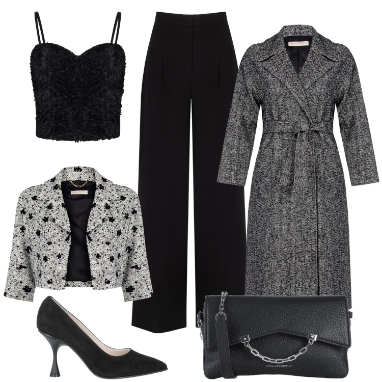 Outfit donna - Lavoro seguito da cena. Stile Casual chic per Serata fuori. Abbinamento con borse a tracolla, décolleté, pantaloni a palazzo, cappotti, top, blazer.