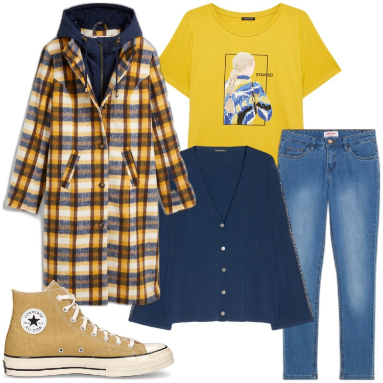 Outfit donna - Pomeriggio libero. Stile Casual per Tutti i giorni. Abbinamento con jeans skinny, cappotti, cardigans, sneakers, t-shirt.