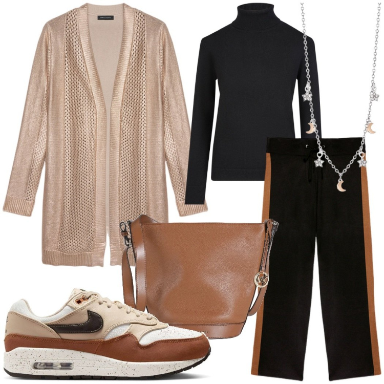 Outfit donna - Sporty chic in ufficio. Stile Sporty chic per Ufficio. Abbinamento con borse a spalla, collane, maglieria, sneakers, pantaloni a palazzo, cardigans.