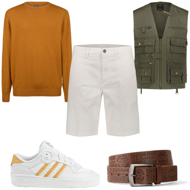 Outfit uomo - Total look #2049765. Stile Trendy per Tutti i giorni. Abbinamento con cinture, sneakers, maglieria, gilet, bermuda.