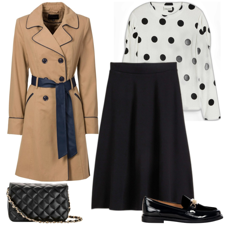 Outfit donna - Anticipo di primavera. Stile Casual chic per Tutti i giorni. Abbinamento con gonne longuette, borse a tracolla, trench, maglieria, mocassini.