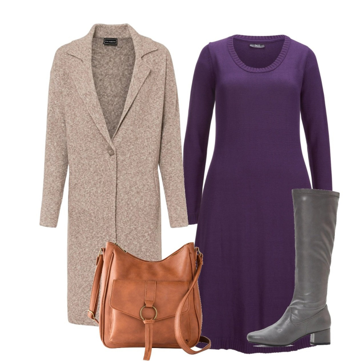 Outfit donna - Prugna. Stile Bon Ton per Ufficio. Abbinamento con cappotti, vestiti, borse a tracolla, stivali.