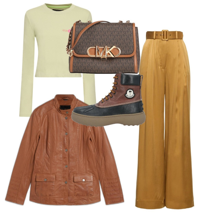 Outfit donna - Camel. Stile Bon Ton per Tutti i giorni. Abbinamento con blazer, stivaletti, borse a tracolla, t-shirt, pantaloni.