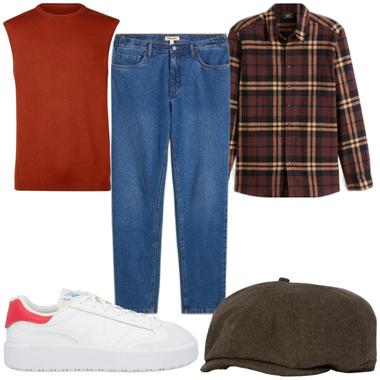 Outfit uomo - Total look #2049782. Stile Trendy per Tutti i giorni. Abbinamento con sneakers, camicie, jeans dritti, cappelli e berretti, gilet.