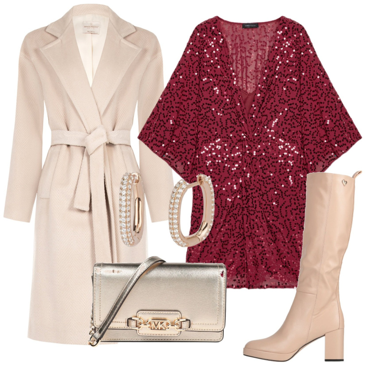 Outfit donna - Rosso e paillettes. Stile Glamour per Serata fuori. Abbinamento con stivali, borse a mano, orecchini, cappotti, vestiti.