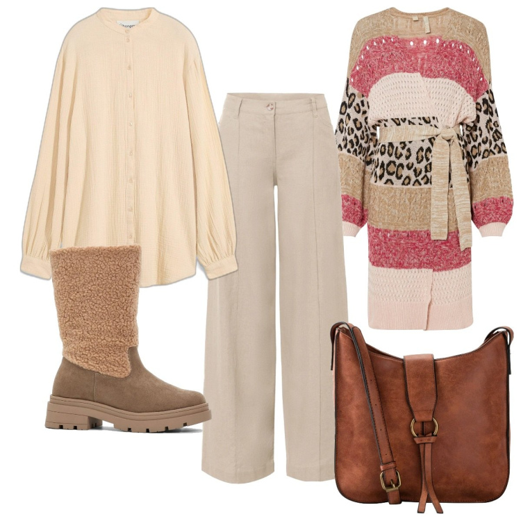 Outfit donna - Total look #2049800. Stile Trendy per Tutti i giorni. Abbinamento con pantaloni a palazzo, borse a tracolla, cardigans, stivali, camicie.