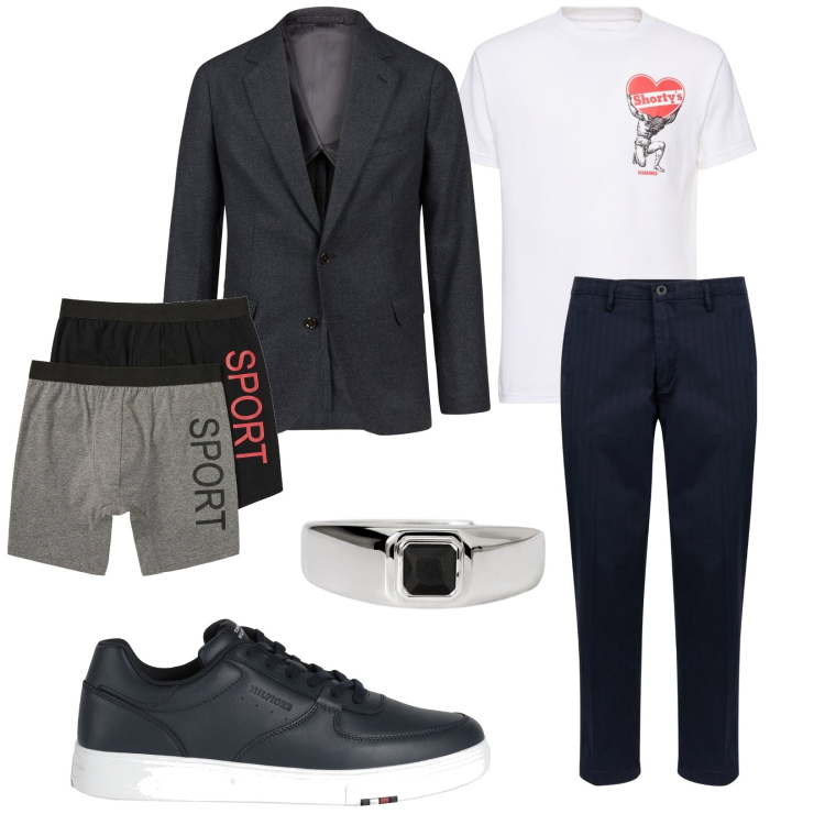 Outfit uomo - Una maglietta per san valentino. per Serata speciale. Abbinamento con boxer, sneakers, anelli, giacche, pantaloni, t-shirt.