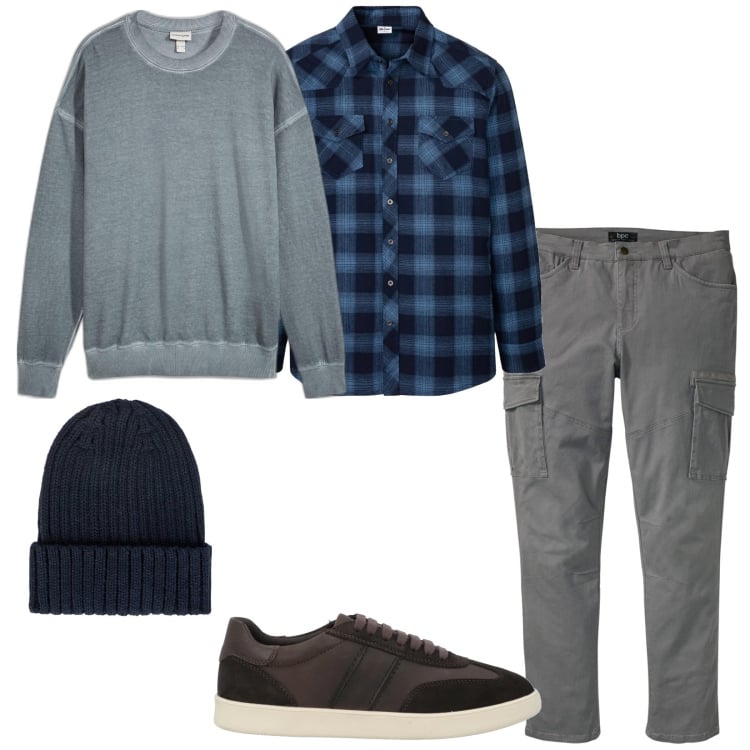 Outfit uomo - Country. Stile Casual per Tutti i giorni. Abbinamento con camicie, felpe, pantaloni cargo, sneakers, berretti.