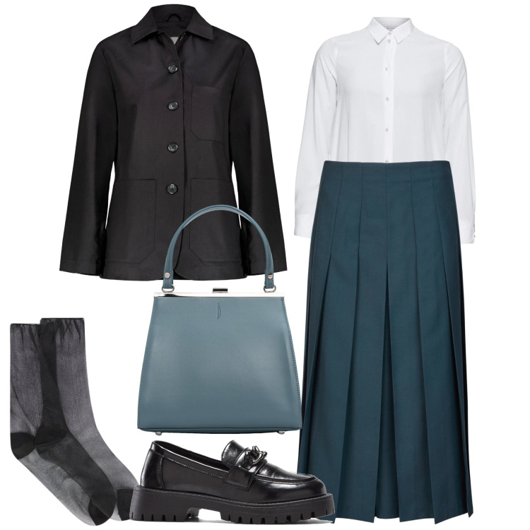 Outfit donna - Total look #2049812. Stile Urban per Tutti i giorni. Abbinamento con camicie, mocassini, clutch, calzini, gonne longuette, blazer.