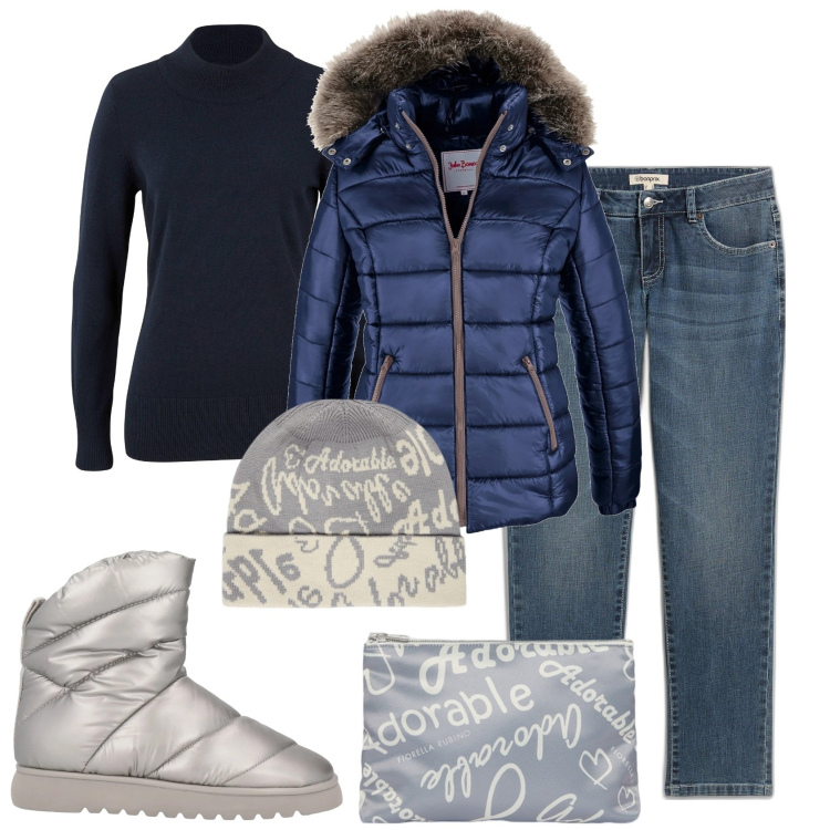Outfit donna - Winter. Stile Basic per Tutti i giorni. Abbinamento con piumini, jeans boyfriend, maglieria, stivaletti, pochette, cappelli.