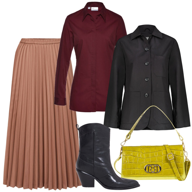 Outfit donna - Chic. Stile Chic per Ufficio. Abbinamento con camicie, borse a tracolla, stivaletti texani, blazer, minigonne.