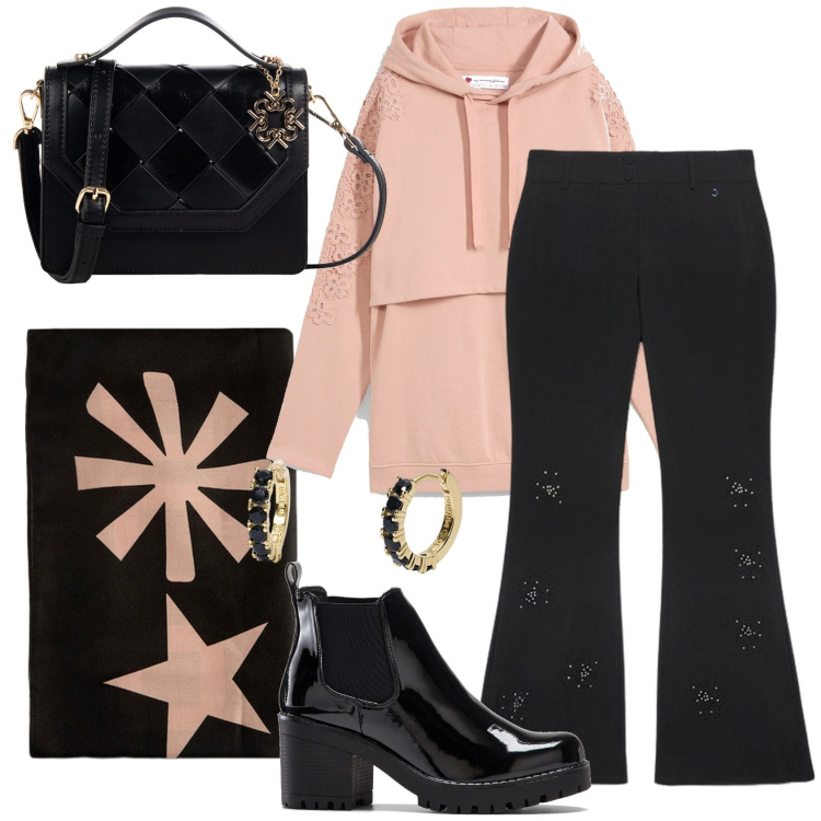 Outfit donna - Stivaletti vernice. Stile Urban per Tutti i giorni. Abbinamento con stivaletti, felpe, orecchini, borse a tracolla, pantaloni, sciarpe.