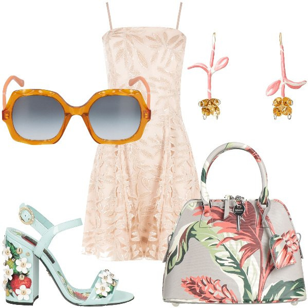 Outfit donna - Total look #2049827. per Cerimonia. Abbinamento con sandali in pelle, orecchini, borse a mano, vestiti corti, occhiali da sole.