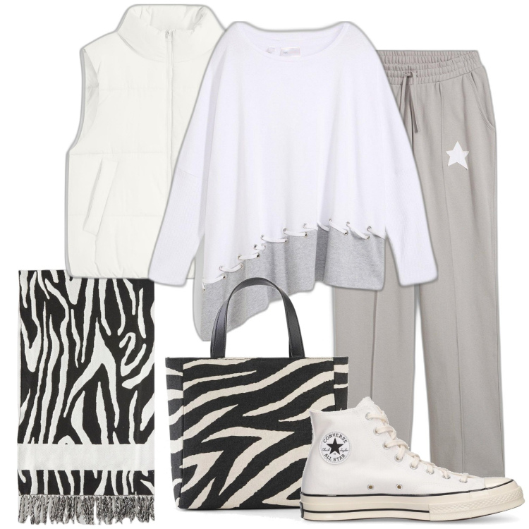 Outfit donna - Dettagli zebrati. Stile Urban per Tutti i giorni. Abbinamento con borse a mano, pantaloni, maglieria, piumini, sneakers, sciarpe.