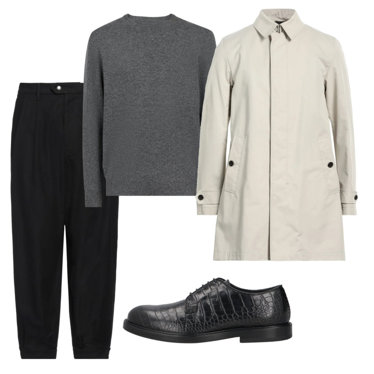 Outfit uomo - Total look. Stile Casual per Tutti i giorni. Abbinamento con trench, pantaloni, scarpe stringate, maglieria.