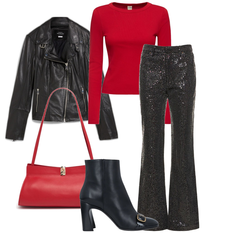 Outfit donna - Black and red. Stile Glamour per Serata fuori. Abbinamento con blazer, stivaletti, pantaloni, t-shirt, borse a spalla.