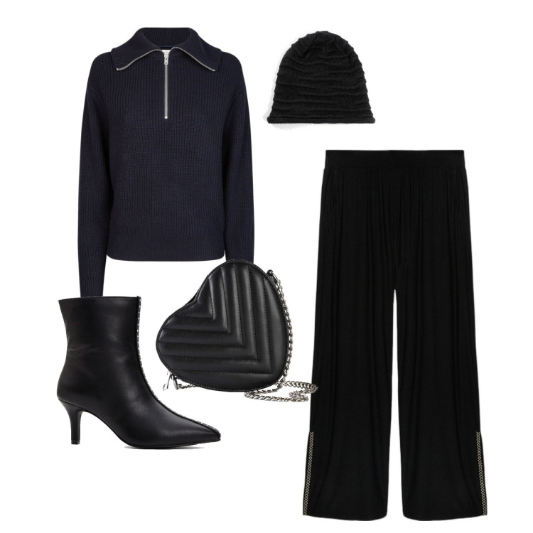 Outfit donna - Total black. Stile Bon Ton per Tutti i giorni. Abbinamento con berretti, borse a tracolla, stivaletti, polo, pantaloni a palazzo.