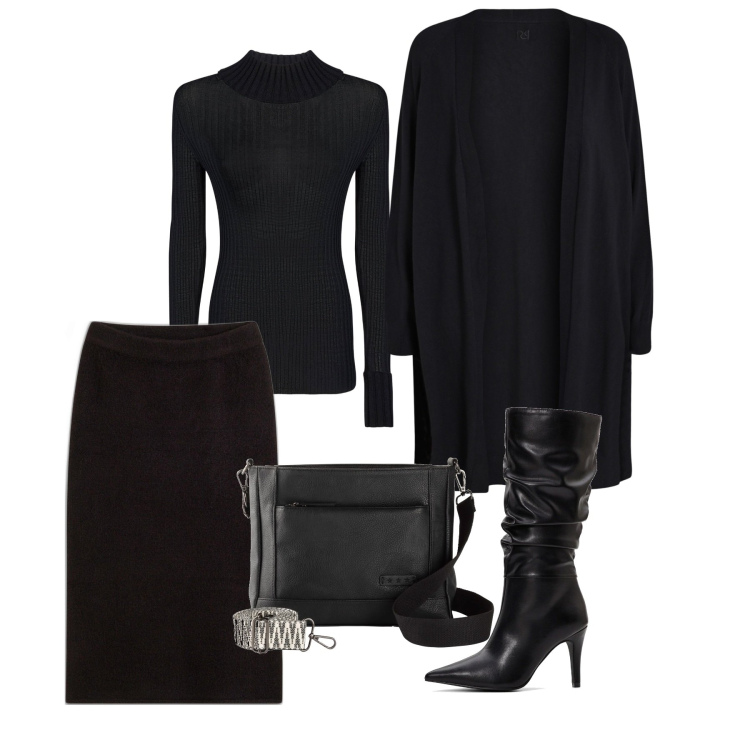 Outfit donna - Total black. Stile Chic per Tutti i giorni. Abbinamento con borse a tracolla, gonne longuette, stivali, cardigans, maglieria.