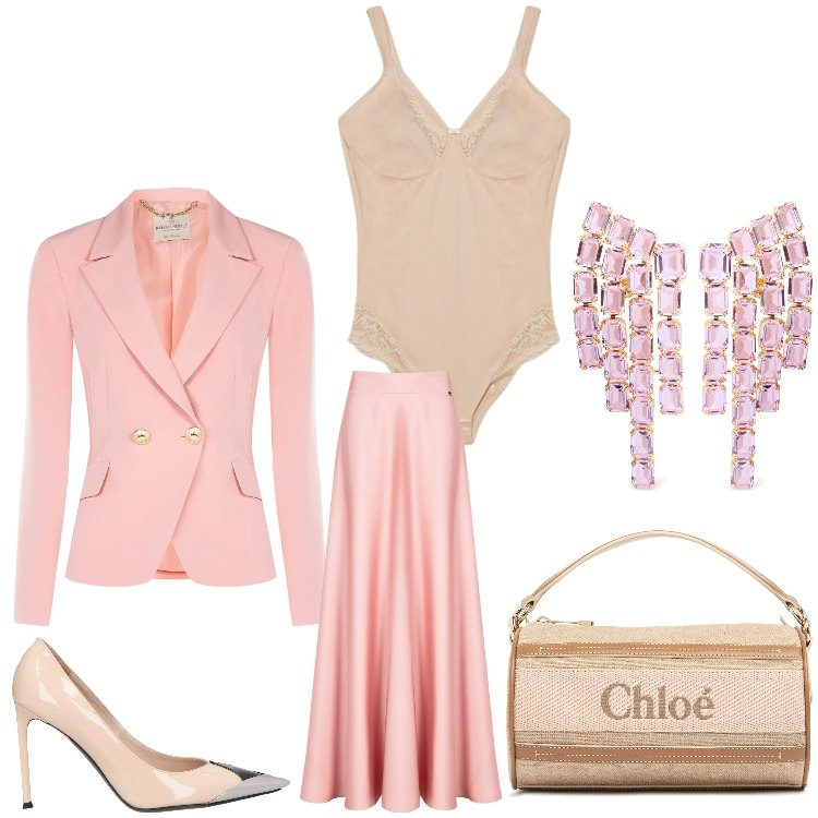 Outfit donna - Cascata di rosa. Stile Chic per Serata fuori. Abbinamento con décolleté, blazer, gonne, body, borse a spalla, orecchini.