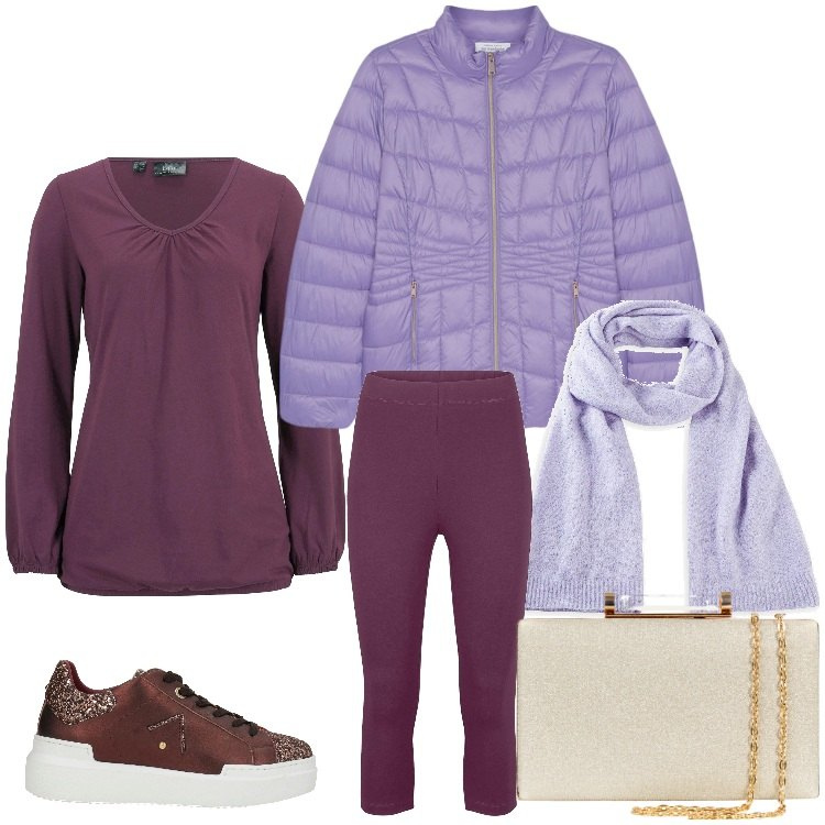 Outfit donna - Viola. Stile Sporty chic per Tutti i giorni. Abbinamento con maglieria, leggings, sciarpe, sneakers, clutch, piumini.