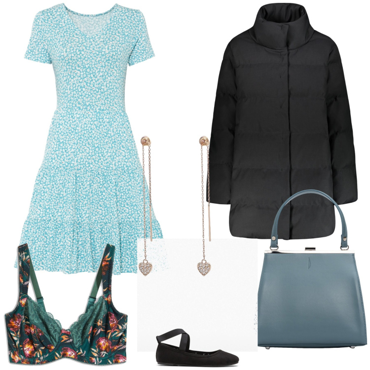 Outfit donna - A spring dream. Stile Glamour per Tutti i giorni. Abbinamento con vestiti, reggiseni, ballerine, orecchini, piumini, clutch.