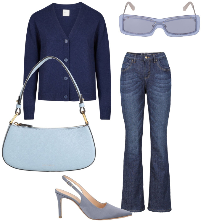 Outfit donna - Blue jeans. Stile Bon Ton per Tutti i giorni. Abbinamento con jeans bootcut, décolleté, borse a mano, cardigans, occhiali da sole.