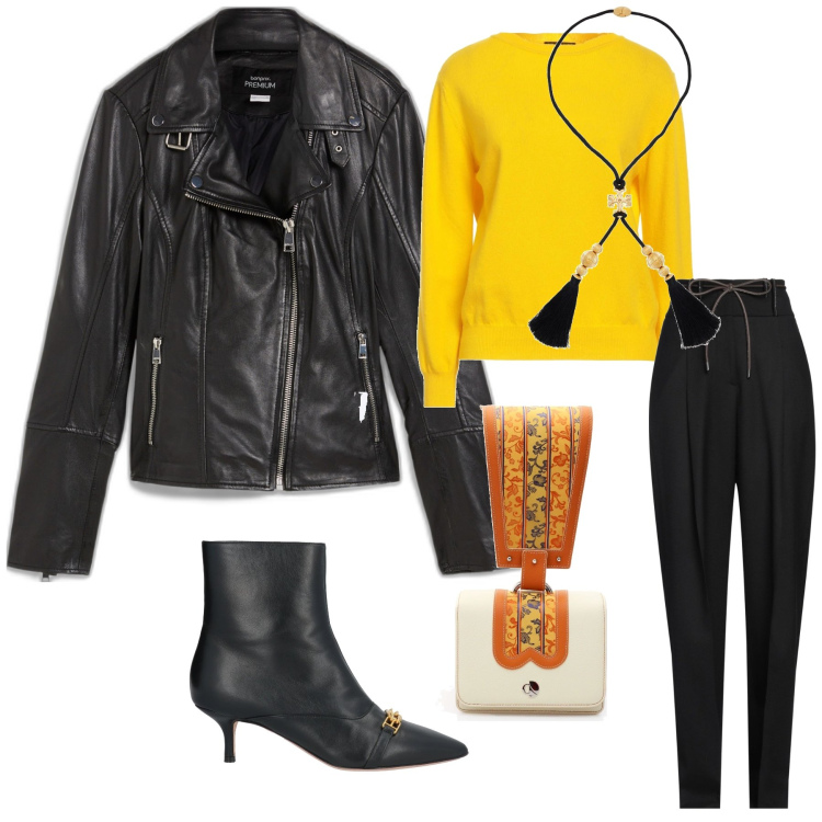 Outfit donna - Aperitivo in chiodo. Stile Trendy per Serata fuori. Abbinamento con blazer, pullovers, pantaloni, stivaletti, collane, borse a mano.