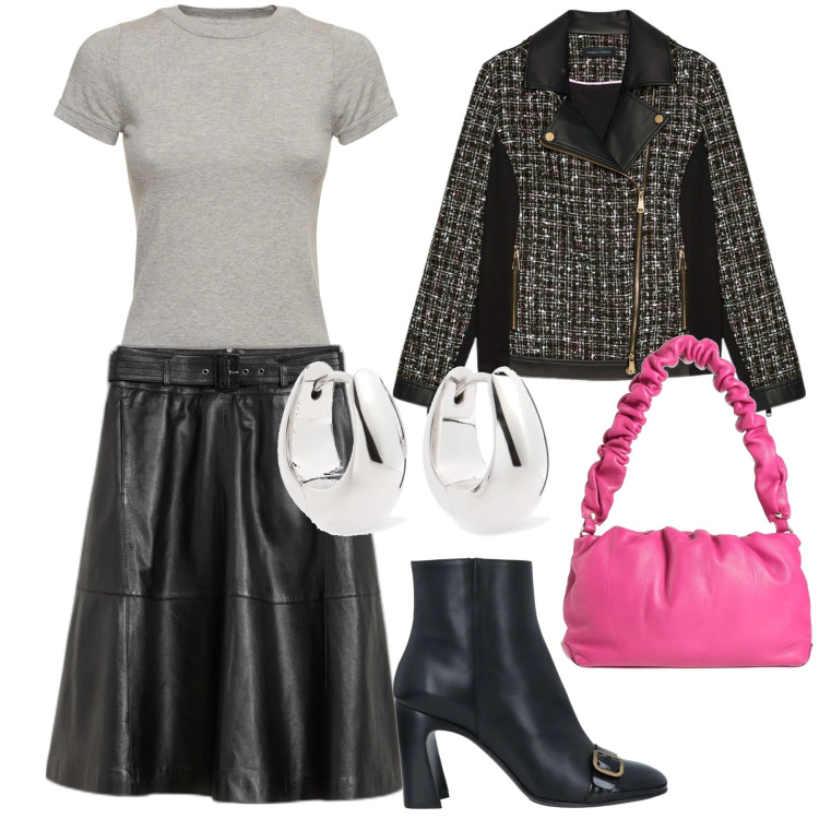 Outfit donna - Semil pelle. Stile Chic per Ufficio. Abbinamento con gonne, borse a mano, stivaletti, t-shirt, blazer, orecchini.