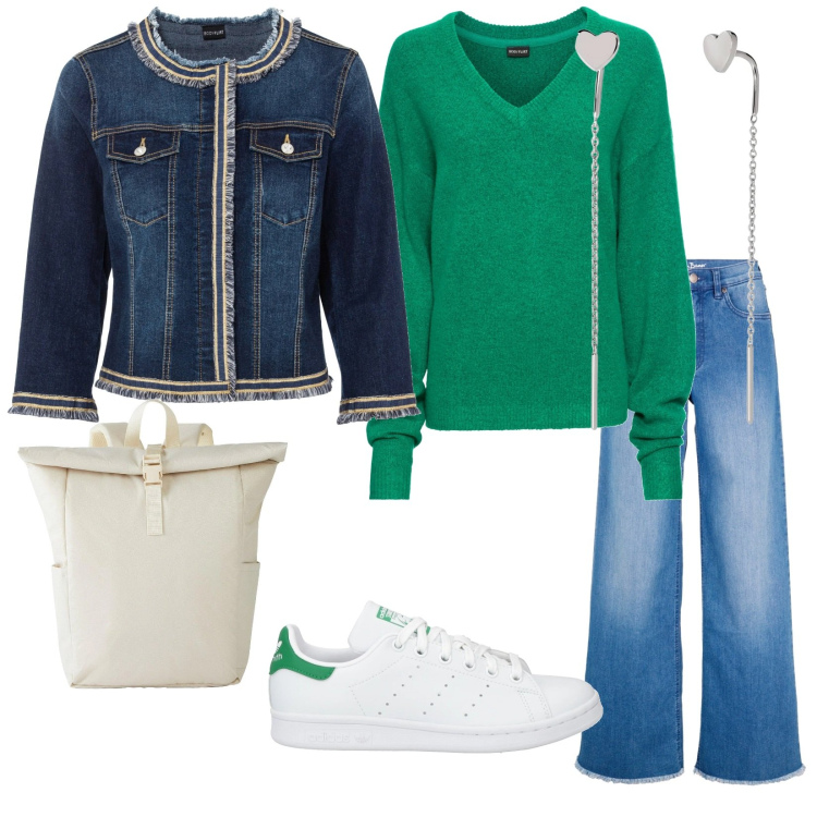 Outfit donna - In primavera. per Tutti i giorni. Abbinamento con maglieria, blazer, jeans, zaini, sneakers, orecchini.