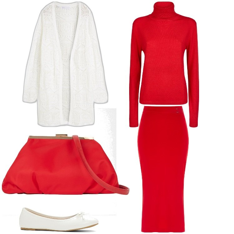 Outfit donna - La signora in rosso. Stile Casual chic per Ufficio. Abbinamento con ballerine, cardigans, gonne longuette, maglieria, pochette.