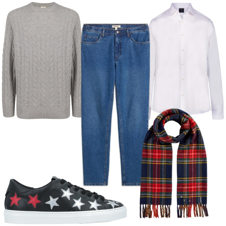 Outfit uomo - Total look #2049913. Stile Trendy per Tutti i giorni. Abbinamento con jeans dritti, sneakers, camicie, sciarpe, maglieria.