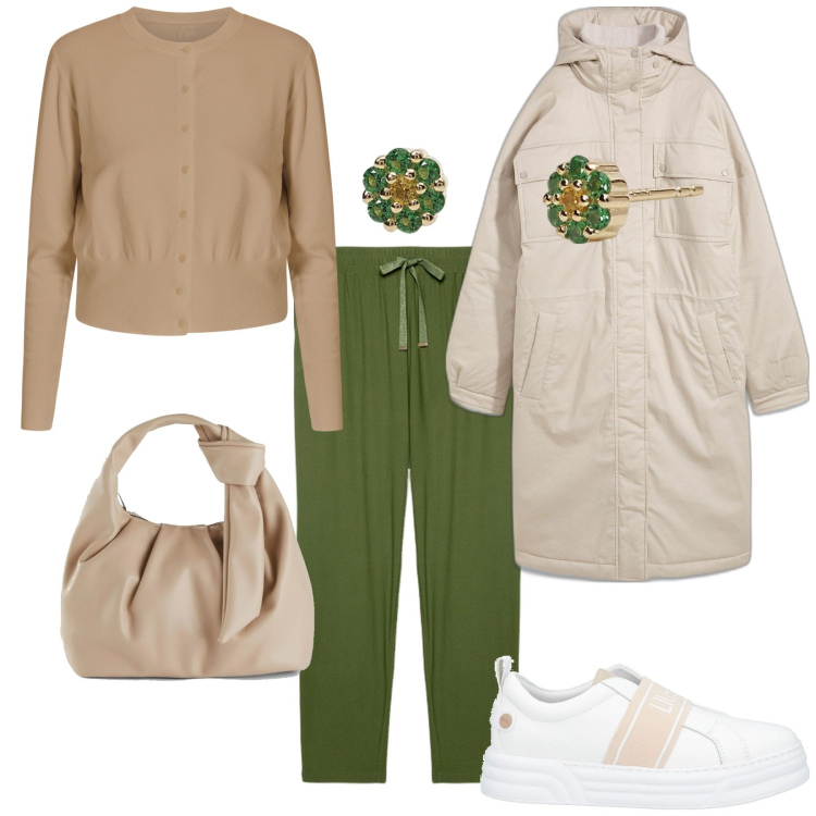 Outfit donna - Total look #2049915. Stile Casual per Tutti i giorni. Abbinamento con borse a mano, parka, sneakers, orecchini, cardigans, pantaloni.