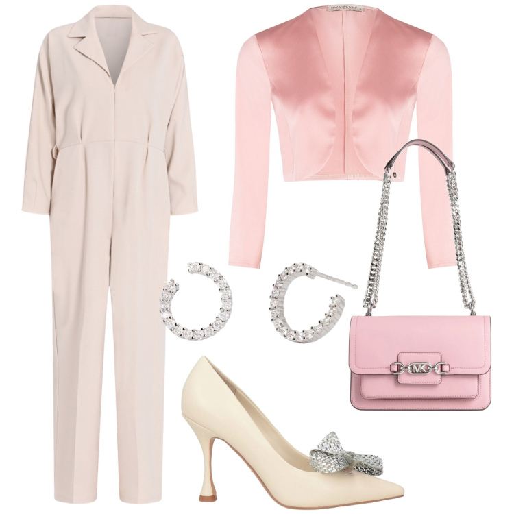 Outfit donna - Cerimonia in rosa chiaro. Stile Bon Ton per Cerimonia. Abbinamento con décolleté, borse a spalla, orecchini, tute, bolero.