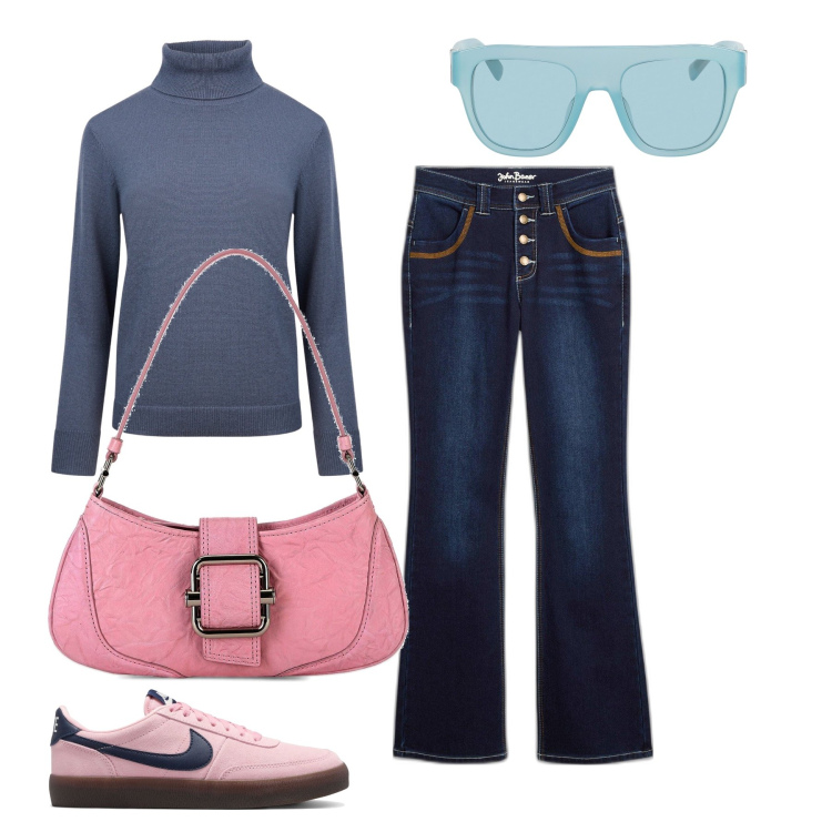 Outfit donna - Sporty chic. Stile Sporty chic per Tutti i giorni. Abbinamento con jeans bootcut, occhiali da sole, maglieria, borse a spalla, sneakers.